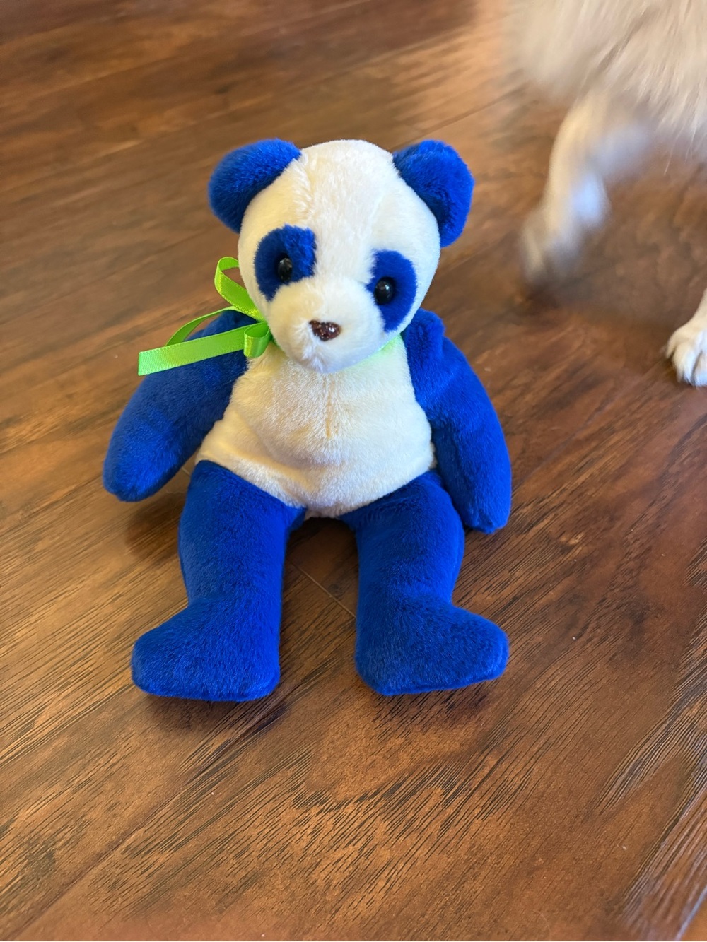 Ty Blue & White Plush Panda with Green Ribbon